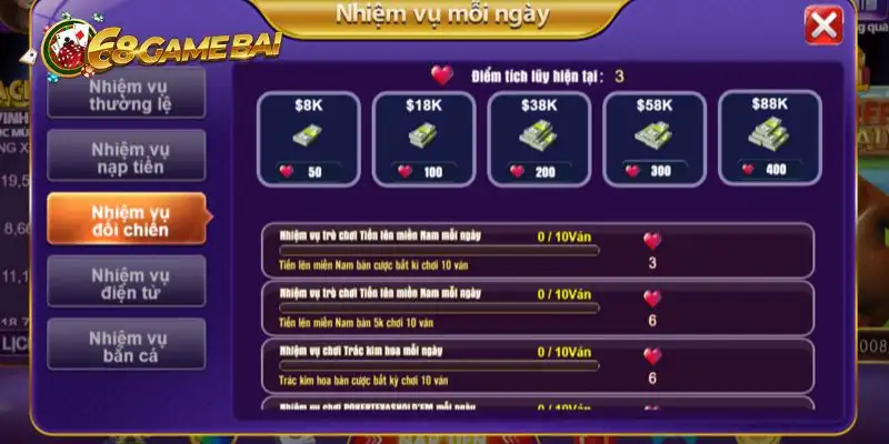 Giới thiệu về nhiệm vụ mỗi ngày tại 68 game bai 